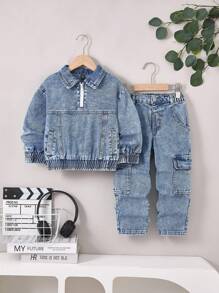 YOUNG BOYS 2-Piece Set: Zip-Up Denim Jacket With Elastic Hem & Cuffs Paired With Loose Cargo Pants, Fashionable Streetwear Style, Suitable For Spring/Summer