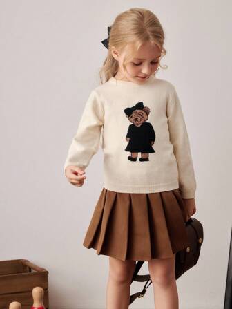 PrepCrw Young Girls' Collegiate Style Bear Graphic Crew Neck Sweater Little Girl School Clothes Kids Brown Skirts Girl Clothes Autumn And Winter Clothes Girls White Sweater With Bear Girls Pleated Skirt Fall