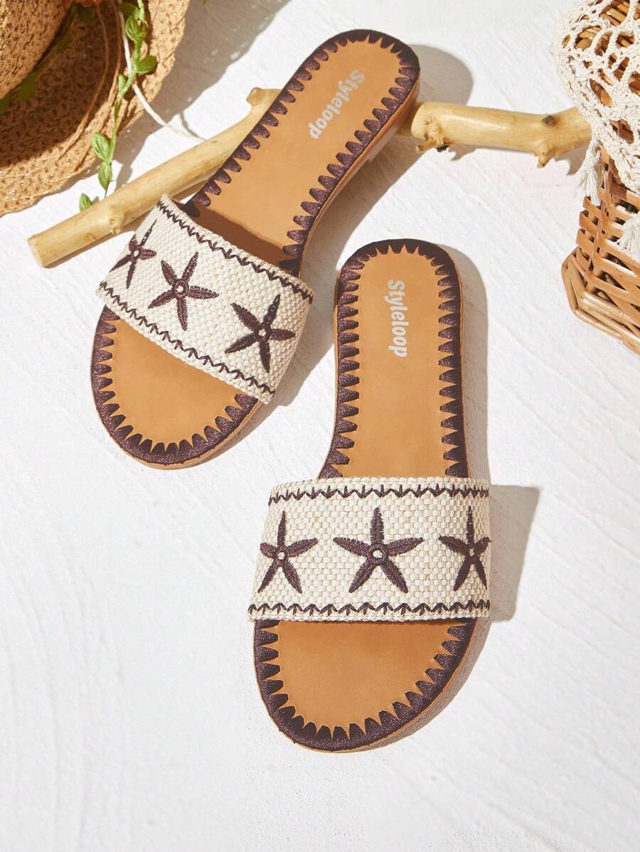 Styleloop Giày sandal đế bằng cho nữ, họa tiết dệt, phong cách Bohemian, thích hợp cho kỳ nghỉ, Halloween, Giáng sinh, tiệc tùng - Màu nâu  Mocha - Xem 1