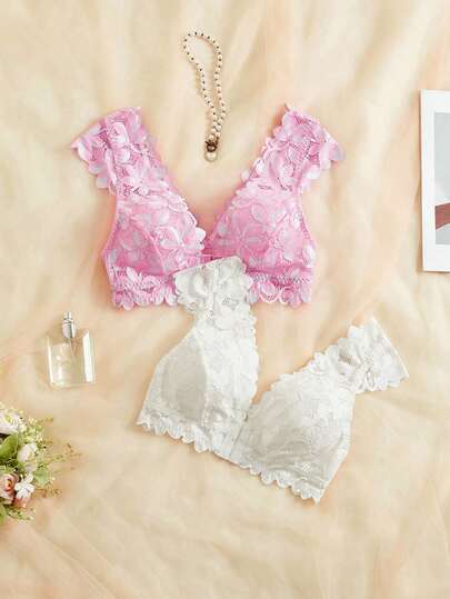 SHEIN Set de 2 sujetadores inalámbricos con cierre de encaje delantero para mujeres