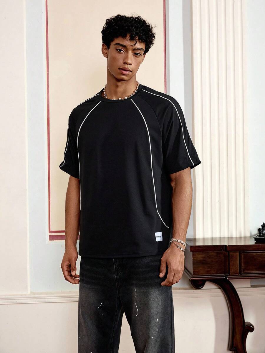 Manfinity VCAY 男士休闲撞色短袖T恤 - 黑色 - 查看 1
