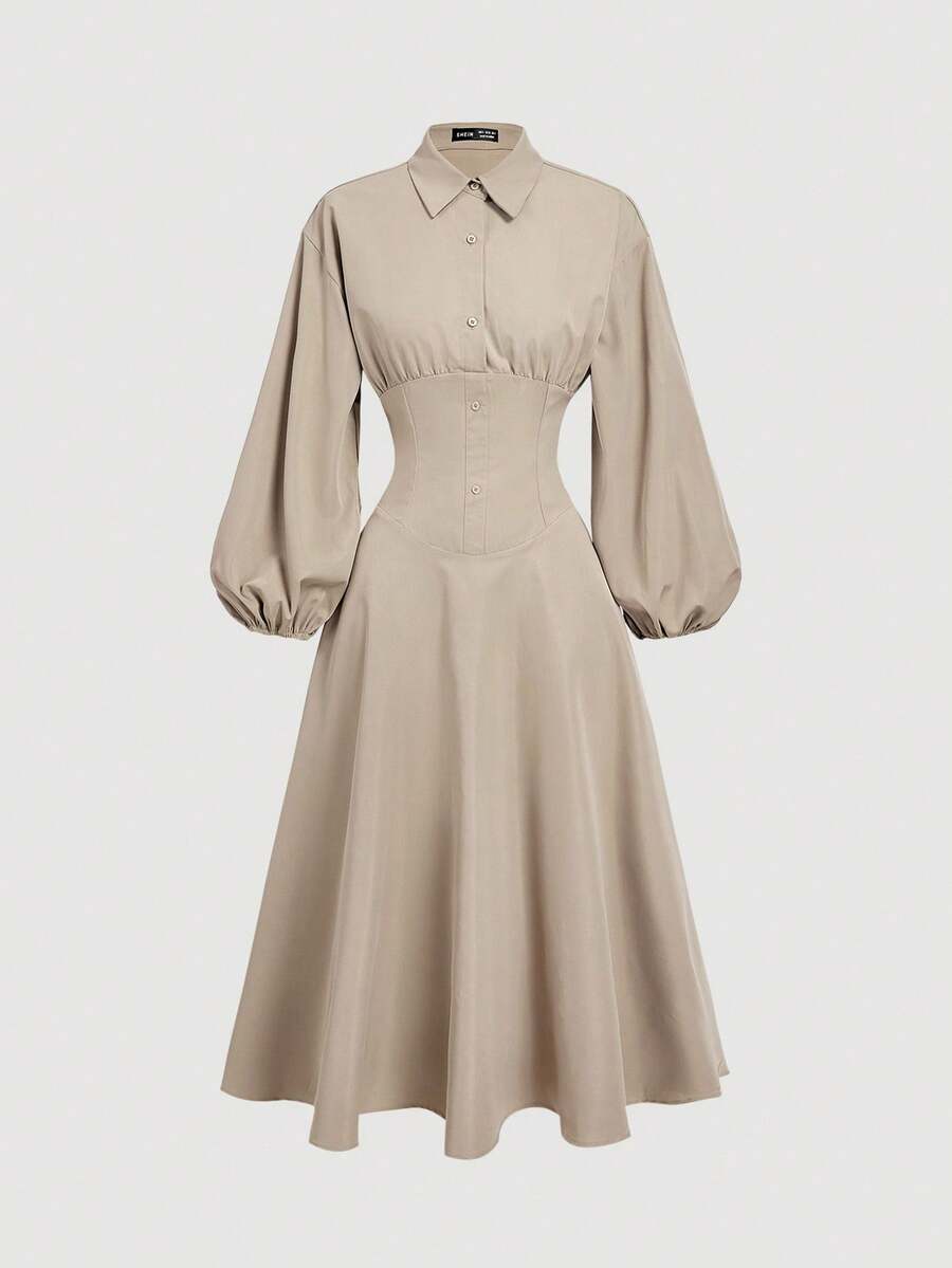 SHEIN MOD Váy sơ mi kaki cổ điển thường ngày, dài đến giữa bắp chân, tay dài, cổ chữ V - Hoàn hảo cho các buổi hẹn hò, tiệc tùng và ngày lễ, phù hợp với phong cách phương Tây, trang phục công sở, đi làm - Màu Khaki - Xem 1