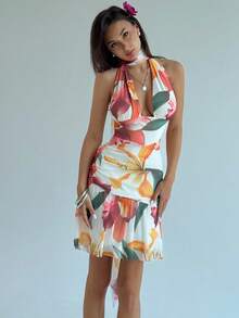 Aloruh Váy ôm sát lưng hở lưng in hoa, gợi cảm, trang phục đi nghỉ cho nữ, đầu thu - Nhiều màu - Xem 5