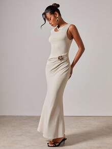 COSMINA 女士优雅镂空褶饰连衣裙 - 奶油色 - 查看 6