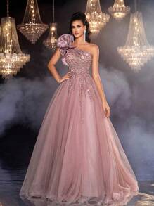 Glamrae 优雅奢华缎面肩部串珠亮片装饰薄纱泡泡裙，适合婚礼、派对、毕业典礼、度假、舞会、庆典（重度装饰） - 藕粉色 - 查看 6