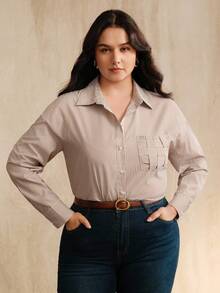 Anewsta Blusa de manga larga a rayas de estilo callejero para mujer, elegante y sofisticada para otoño, invierno, salir, elegante, formal, fiesta, chic, Año Nuevo, Navidad, trabajo, graduación - Caqui - Ver 5