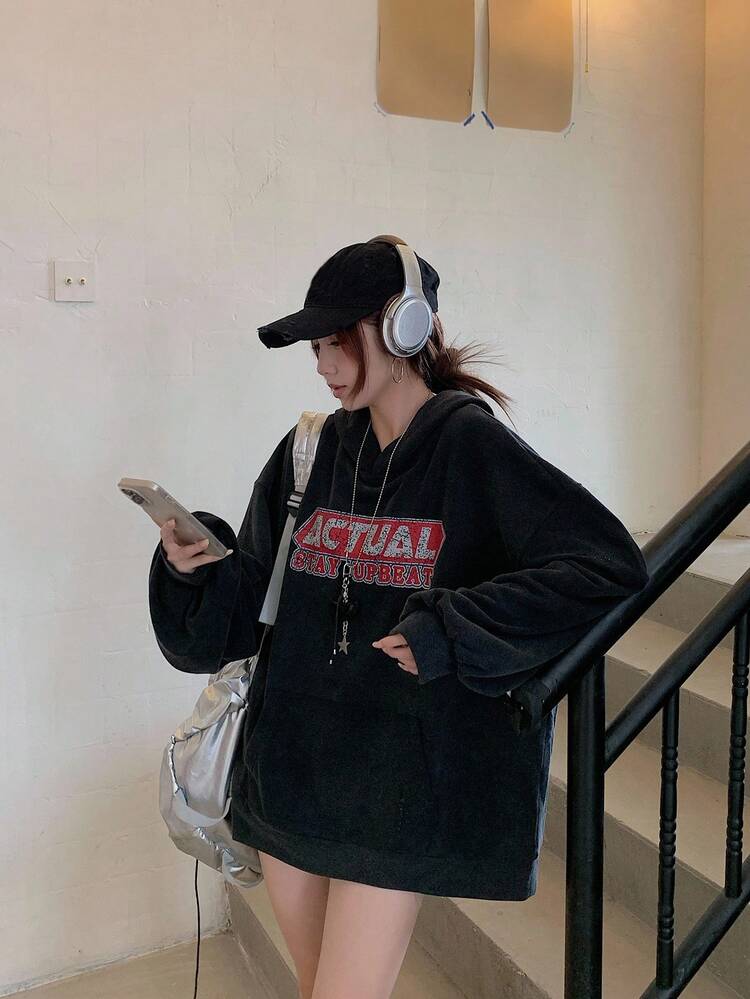 Women's Casual Hooded Street Art Print Loose Long Sweatshirt, Spring/Autumn Hoodies