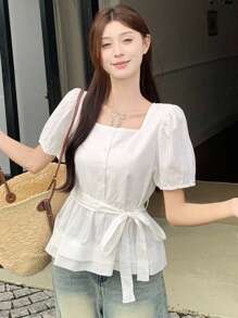 DAZY 女士方领休闲泡泡袖韩版清新休闲短袖衬衫，娃娃装上衣 - 白色 - 查看 4