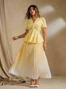 Roveilla 2 Pieces Plus Size Ombre Elegant V-Neck Top & Pleated Skirt Set