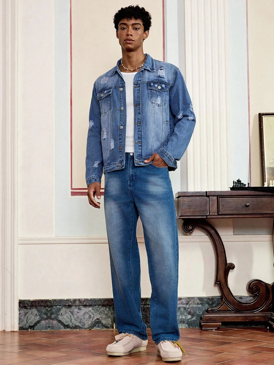 SWAVVY Casual Fashion Versatile Simple Long Sleeve Men's Denim Jacket, Plain, Flap Pocket & Ripped Detail, Grunge, Urban, Work - Blue - View 1
