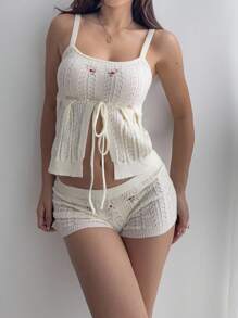 Sunnyshic Sexy & Cute Backless Camisole Top With Embroidery & Matching Embroidered Knit Shorts 2 Pieces Set, Versatile For Vacation - Apricot - View 2