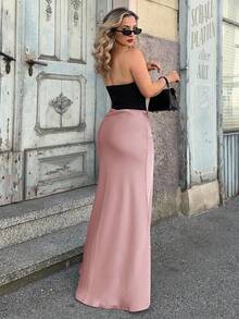 Jeta Ari Falda elegante de línea A con cremallera de unicolor, adecuada para el atuendo de mujer de longitud maxi para ir al trabajo - Rosa Oxidada - Ver 2