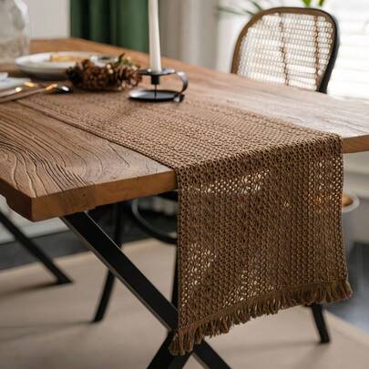 1pc Boho Table Runner Macrame Table Runners For Home Decor ,Cream & Brown Macrame Table Runner With Tassels For Boho Dining Bedroom Decor Rustic Bridal Shower,Farmhouse Rustic Table Runner,Place Mat,Thanksgiving Christmas Home Decor (Multiple Sizes Available)