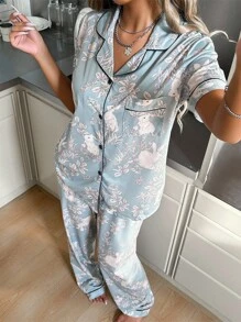 SHEIN Floral Tree & Rabbit Print Short Sleeve Pajama Set With Collar Women Pajamas Set Silk Pajamas Set Silk Sleepwear Bunny Pajamas Silk Pjs Set - Green - View 3