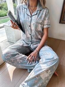 SHEIN Floral Tree & Rabbit Print Short Sleeve Pajama Set With Collar Women Pajamas Set Silk Pajamas Set Silk Sleepwear Bunny Pajamas Silk Pjs Set - Green - View 6