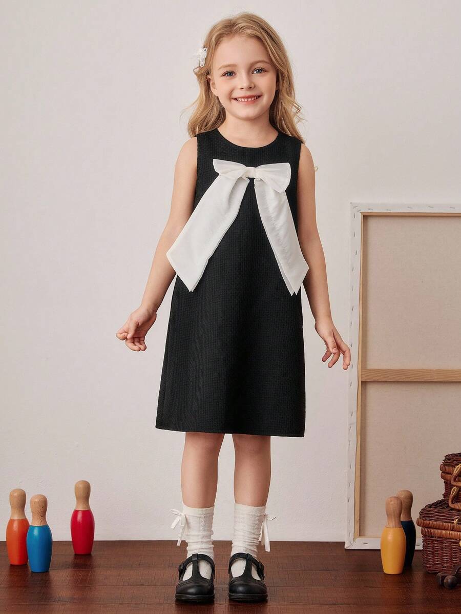 PrepCrw Young Girls' Elegant Sleeveless Round Neck Black Dress With Bow Decor,Summer Birthday Kids A-Line Formal Black And White Dress - Black and White - View 1