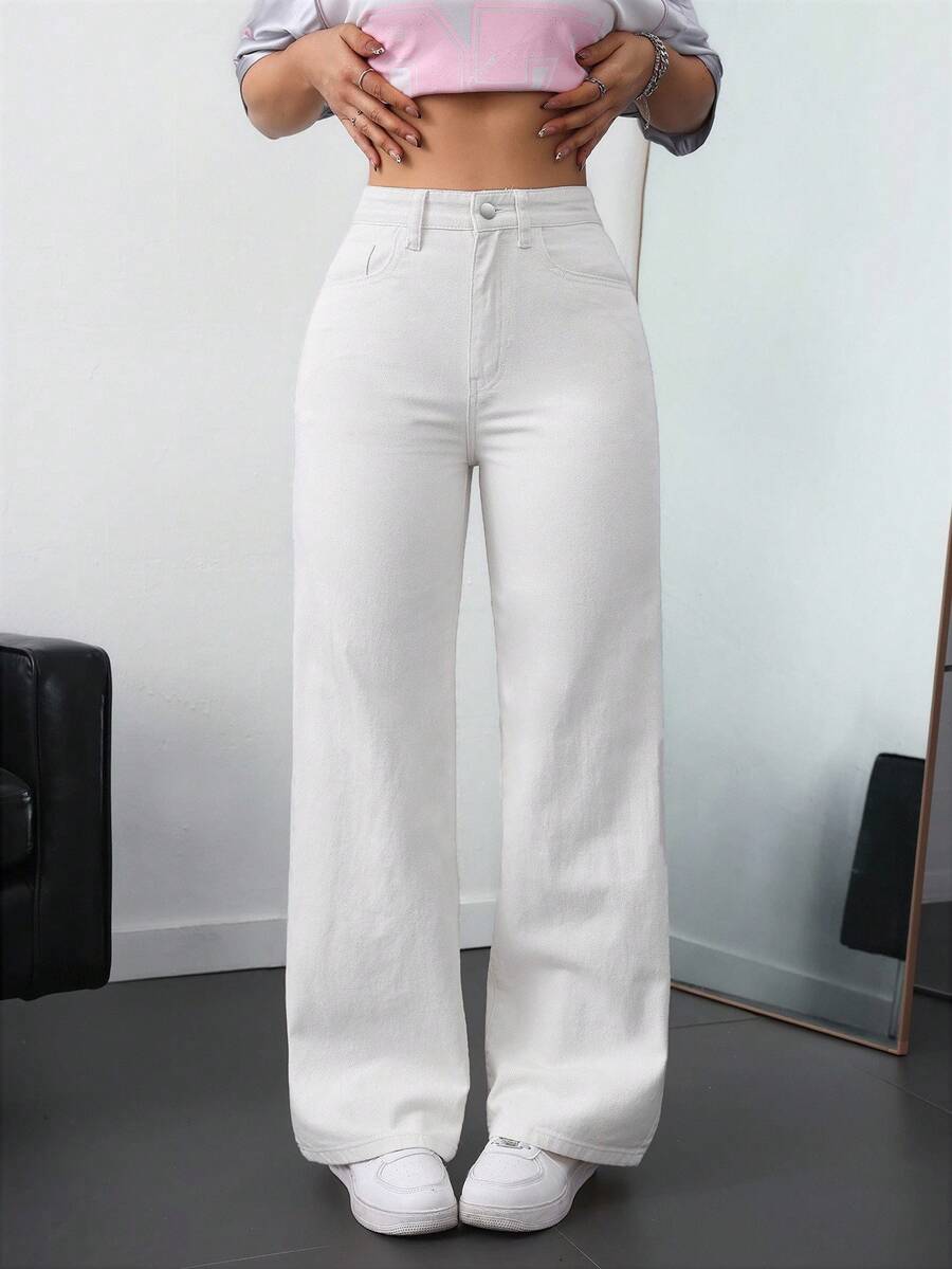 SHEIN ICON 大码女式休闲口袋直筒白色牛仔裤 - 白色 - 查看 1