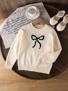 Emery Rose Kids Emery Rose Kids 年轻女孩纯色圆领蝴蝶图案休闲毛衣 - 卡其色 - 查看 2