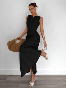 Siren Gaze 夏季新款褶皱无袖A字连衣裙 - 黑色 - 查看 7