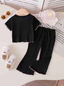 Elladie kids Adorable Two-Piece Black Baby Girls Outfit With Ruffled Edges And Round Neck Design