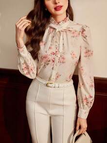 Vintamour 复古优雅女士印花蝴蝶结纽扣长袖衬衫，适合通勤、度假、商务休闲、办公室、工作等各种场合，也适合圣诞节、教师节、教堂、早午餐、节日、新年、情人节等春季穿着。 - 粉色 - 查看 5