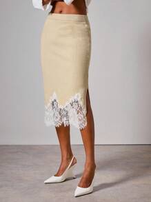 COSMINA Women's Elegant Lace Patchwork Knit Sweater Skirt, Autumn/Winter,Fall - Khaki - View 5