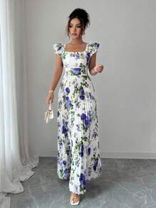 Selianne 女士印花方领荷叶袖褶裥下摆连衣裙，优雅度假之选