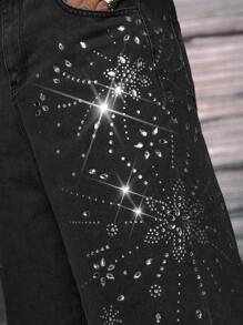 AXEPEAK Quần short denim ống rộng đính đá pha lê kiểu dáng đường phố thời trang, dài vừa phải, phong cách Emo dành cho nam - Màu xám đen - Xem 4