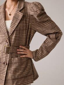 SHEIN MOD Blazer élégant à manches gigot et imprimé pied-de-poule pour femmes, avec poches et ceinture. Convient pour le travail, les déplacements et les affaires, automne