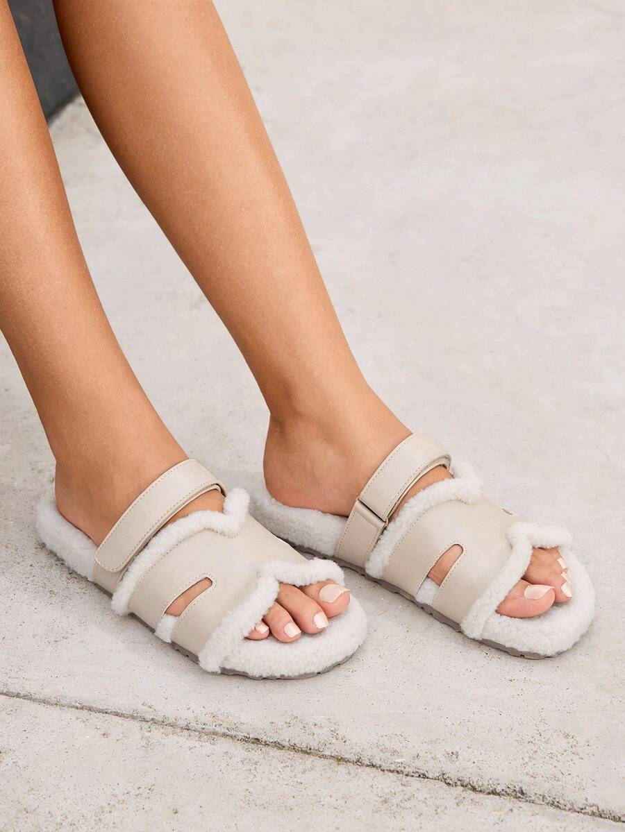 HighSole 休闲时尚百搭露趾毛绒拖鞋 - 米色 - 查看 1