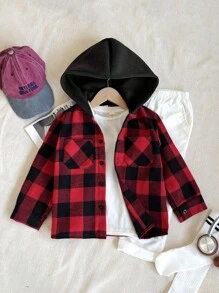 SHEIN Playful Pals 男童格纹连帽外套，春秋款 - 紅色 - 查看 3