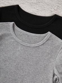 2pcs Pakaian Dalam Termal Rajut Bergaris Lembut untuk Remaja Perempuan, Hitam+Abu-abu, Elastis dan Nyaman, Cocok untuk Kembali ke Sekolah, Pakaian Anak Perempuan Modis - MultiWarna - View 5
