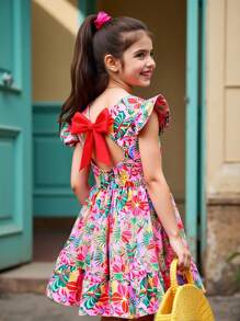 Tween Girl Tropical Plant Print Round Neck Cap Sleeve Dress - Multicolor - View 6