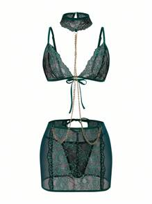 3pcs/Set Sexy Lace Chain Detailing Lingerie Set With Wireless Bra, Skirt, And G-String, Going Out - Dark Green - View 5