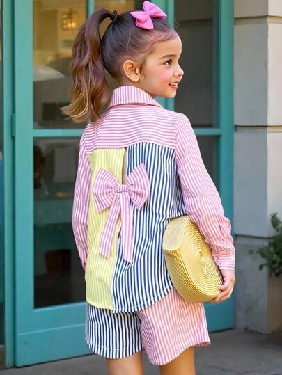 2pcs Young Girl Patchwork Contrast Color Asymmetrical Collar Long Sleeve Striped Back Bow Decor Shirt And Patchwork Striped Pants, Collegiate Casual Style, Suitable For All Seasons Fall Winter