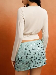 Chiquease 女款純色垂領優雅長袖T恤上衣，秋季女裝 - 杏色 - 查看 3