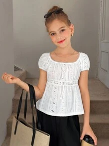 SHEIN Tween Girls Knit Textured Jacquard Ruched Ruffled Trim White Casual Blouse, Vacation/Country Style, Back-To-School, Sweet Top