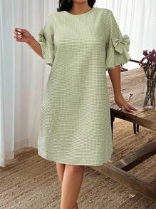 Weeklong Váy suông dáng suông kẻ caro cổ tròn tay loe dáng rộng cho nữ cỡ lớn - màu xanh lá - Xem 3