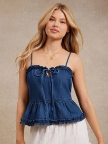 WESTFADE 心形领蝴蝶结前开衩荷叶边 100% 纯棉牛仔上衣 秋季可爱上衣 返校牛仔上衣 Y2K - 深色水洗藍 - 查看 4