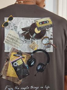 SWAVVY Music Festival T-Shirt Cassette Record Element Print Men's Loose Casual T-Shirt, Graphic Tee