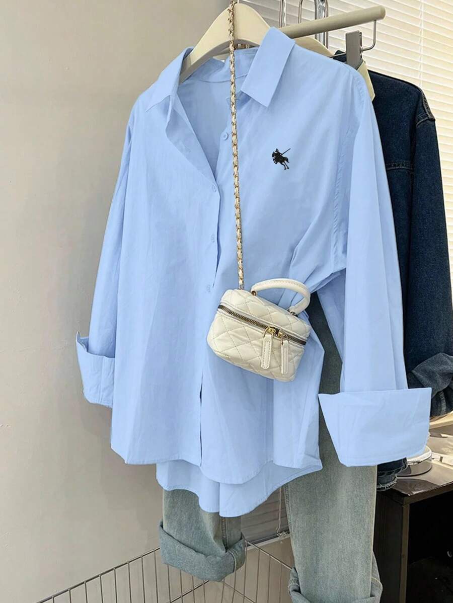 INAWLY Plus Size Casual Versatile Solid Color Shirt Fall Cloth For Women - Baby Blue - View 1