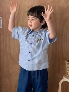 DAZY 幼儿男童条纹短袖休闲衬衫，卡通图案宽松版型，秋季 - 藍色 - 查看 7