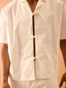 Musero 系带宽松短袖衬衫秋季时尚街头风格度假 - 白色 - 查看 5