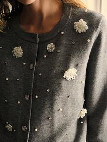 MOTF PREMIUM Cardigan Kancing Depan dengan Hiasan Mutiara Imitasi & Batu Permata untuk Musim Gugur & Musim Dingin - Grey - View 3
