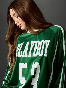 Missguided x Playboy 复古风格球衣，带有 53 号图案的长袖休闲 T 恤，校园运动设计街头服饰徽标印花兔子图标图案秋冬上衣 - 綠色 - 查看 4