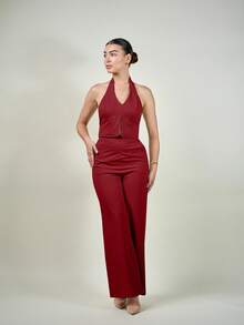 Andrea Bello Deep V Backless Camisole And Wide Leg Pants Suit For Office, Commuting And Going Out, Spring Summer - Red - View 6