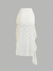 Sweetra Petite Váy ngắn xếp nếp ren chắp vá viền bất đối xứng phong cách Bohemian dành cho phụ nữ nhỏ nhắn, mùa xuân/hè - Màu be - Xem 2