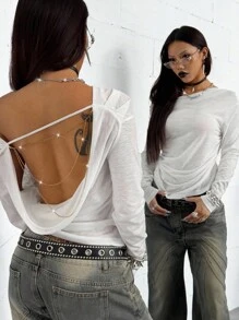 Coolane Damen Sommer Streetwear Musik Festival Lässig minimalistisches rückenloses asymmetrisches Hals weißes T-Shirt - Weiss - Übersicht 3