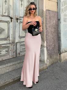 Jeta Ari 女士纯色高腰鱼尾下摆优雅时尚半身裙，女士生日半身裙，女士超长半身裙，女士生日半身裙，女士夏季服装，紫色缎面优雅超长半身裙 - 淺粉色 - 查看 6