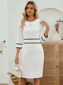 EMERY ROSE Women's Elegant Patchwork Mid-Length Party Dress White Dress With Black Trim White Midi Dress White Bodycon Dress Elegant White Dress Long Sleeve White Dress Night Out Going Out Tops Women Date Night Outfits Women Fall Wedding Guest Dress  Winter Dresses For Women Fall Dress  Fall Outfits Women Winter Outfit For Women - White - View 6